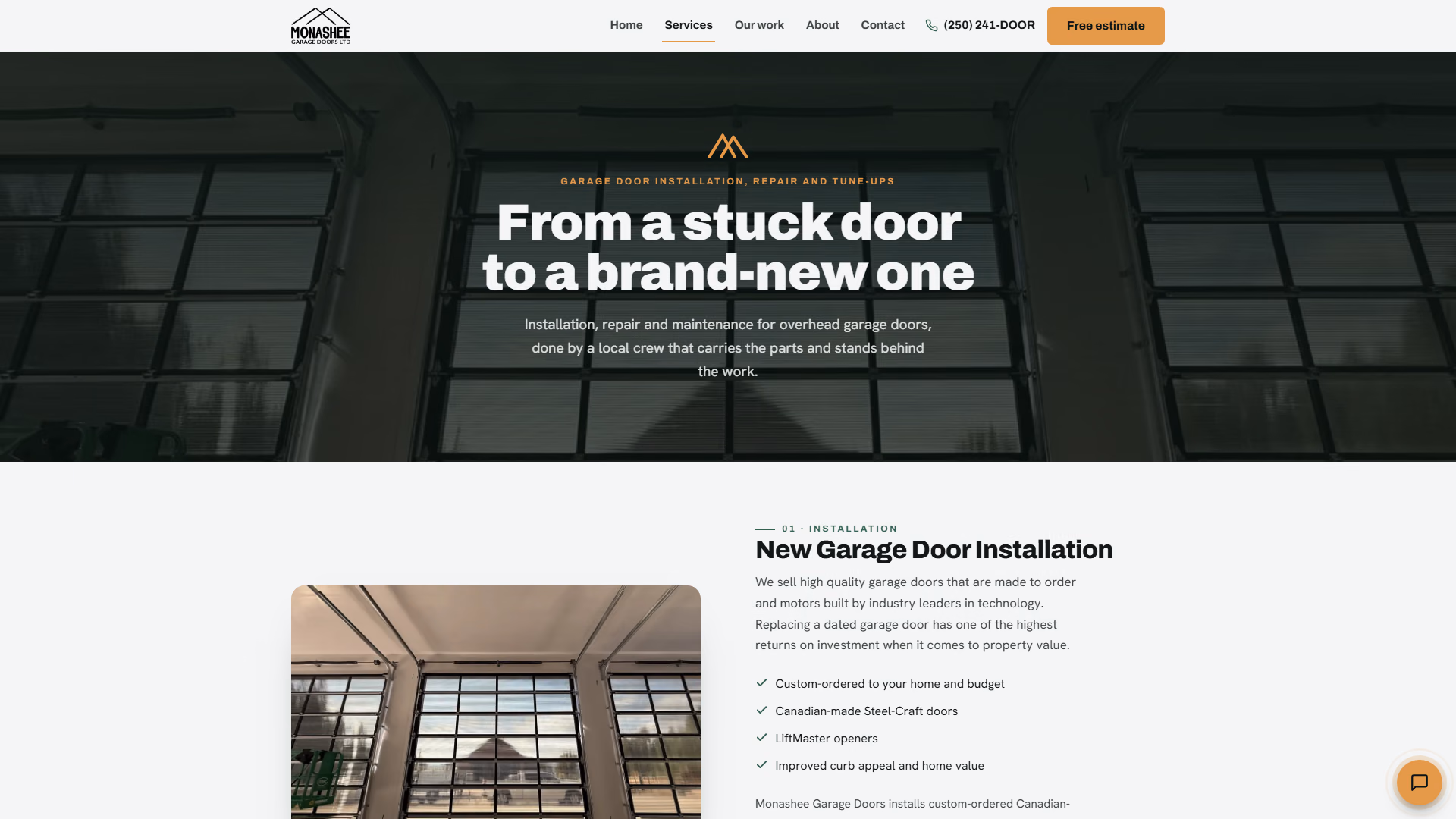 Monashee Garage Doors services page (desktop)